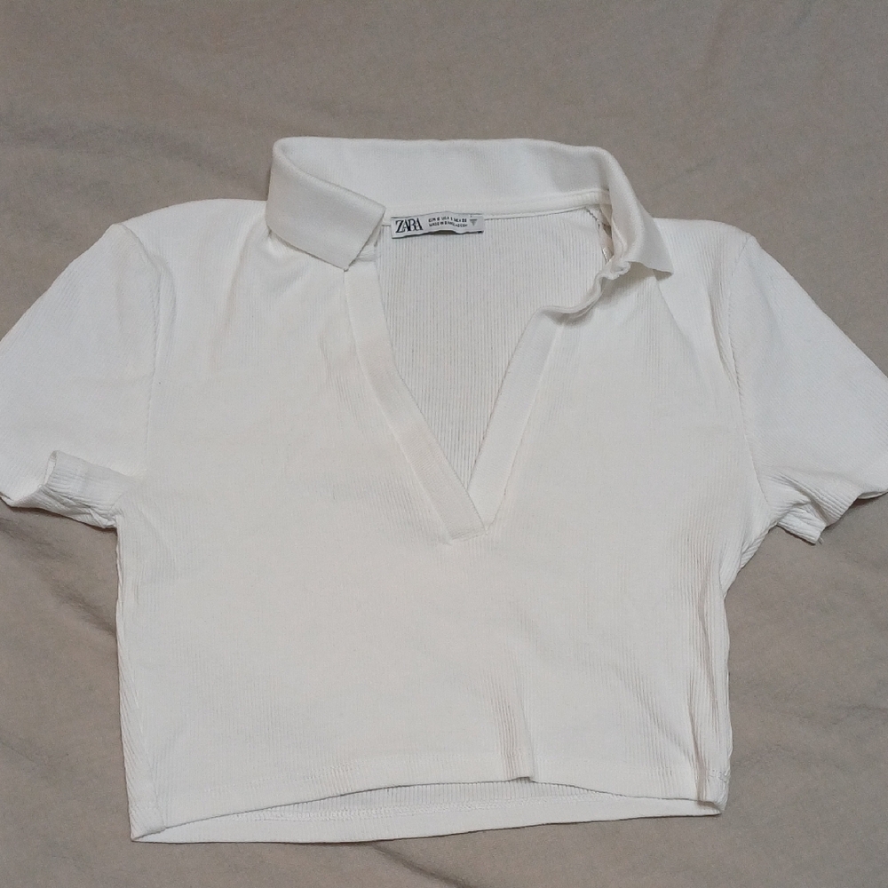 Zara Women White Cropped Polo Top